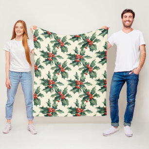 Christmas Pattern with Holly Leaves and Red Berry Fleece Blanket