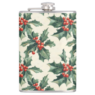 Christmas Pattern with Holly Leaves and Red Berry Hip Flask