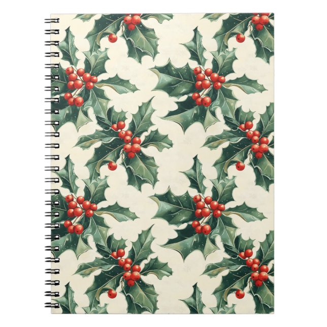 Christmas Pattern with Holly Leaves and Red Berry Notebook (Front)