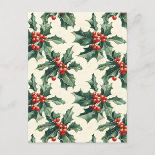 Christmas Pattern with Holly Leaves and Red Berry Postcard