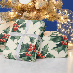 Christmas Pattern with Holly Leaves and Red Berry Wrapping Paper
