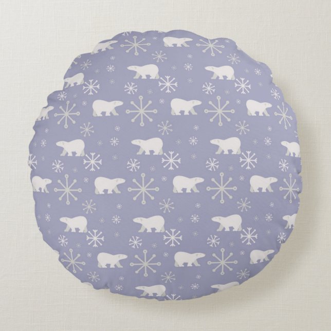 Christmas pattern with polar bears and snowflakes round cushion (Front)