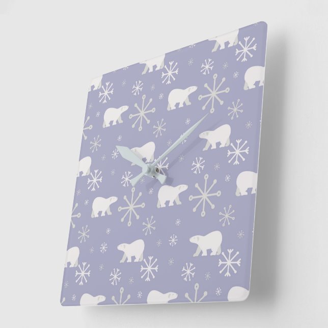 Christmas pattern with polar bears and snowflakes square wall clock (Angle)