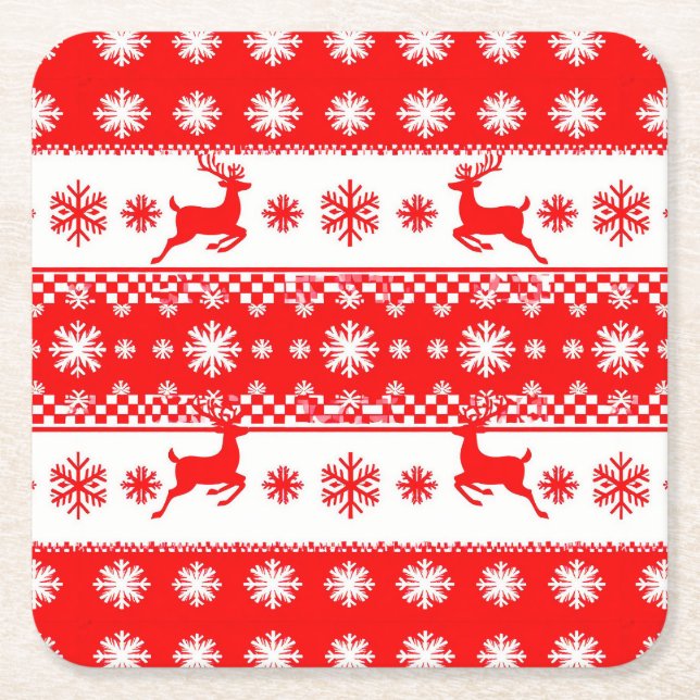 Christmas Pattern with Reindeer and Snowflakes Square Paper Coaster (Front)