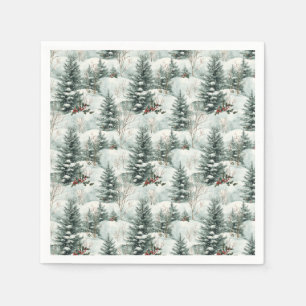 Christmas Pattern with Snowy Forest and Pine trees Napkin