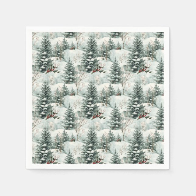 Christmas Pattern with Snowy Forest and Pine trees Napkin (Front)