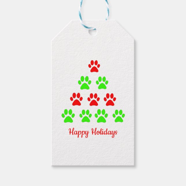 Christmas paw pet tree design pattern green red  g gift tags (Front)