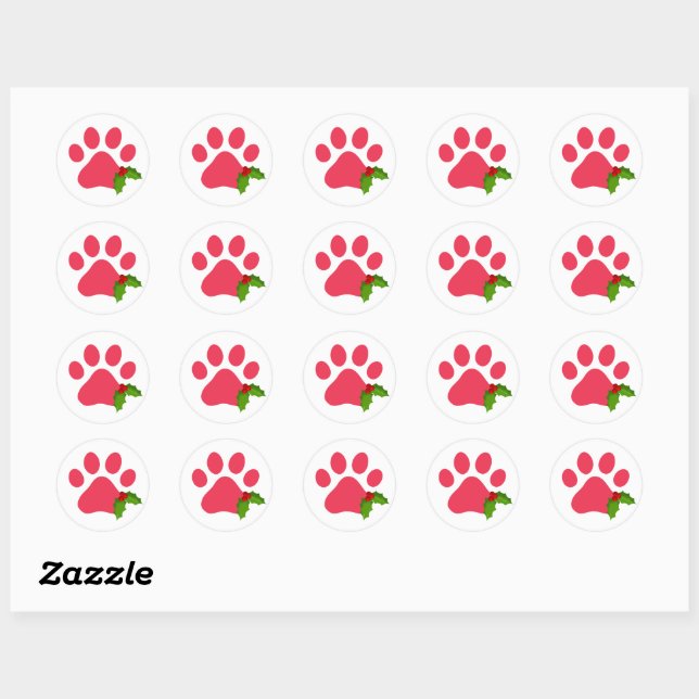 Christmas Paw Prints Holly Holiday Pets Fun Classic Round Sticker (Sheet)