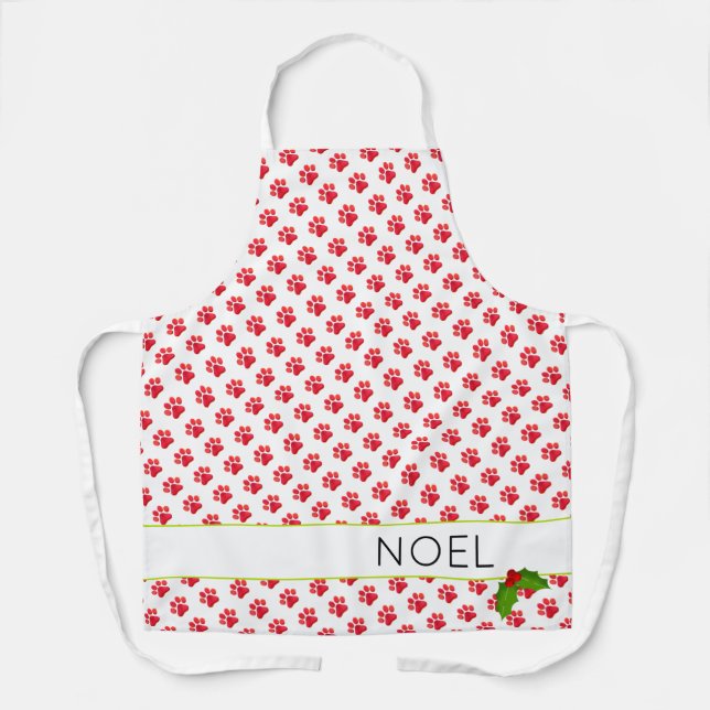 Christmas Paw Prints Holly Name Holiday Fun Apron (Front)