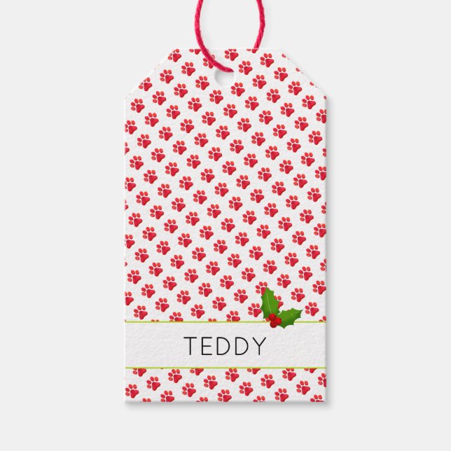 Christmas Paw Prints Holly Name Holiday Fun Gift Tags (Front)