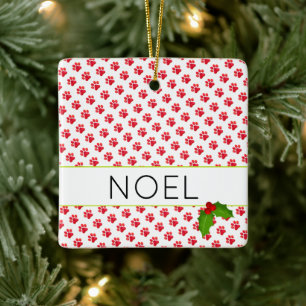 Christmas Paw Prints Red Pet Name Photo Holiday Ceramic Ornament