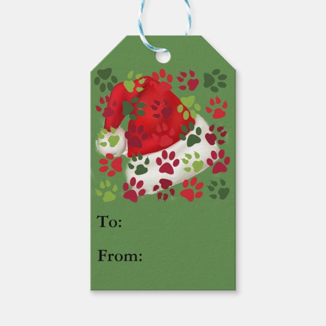 Christmas Paw Prints with Santa Hat Gift Tags (Front)