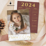Christmas PEACE AND JOY Script Photo 2024 Calendar Holiday Card<br><div class="desc">CONTACT THE DESIGNER FOR UPDATED CALENDAR ON BACK. Modern, elegant Christmas photo greeting card with the greeting WISHING YOU PEACE & JOY in faux metallic gold handwritten script on the front and a 2024 year-at-a-glance calendar on the back in your choice of colours (shown in burgundy text on a white...</div>