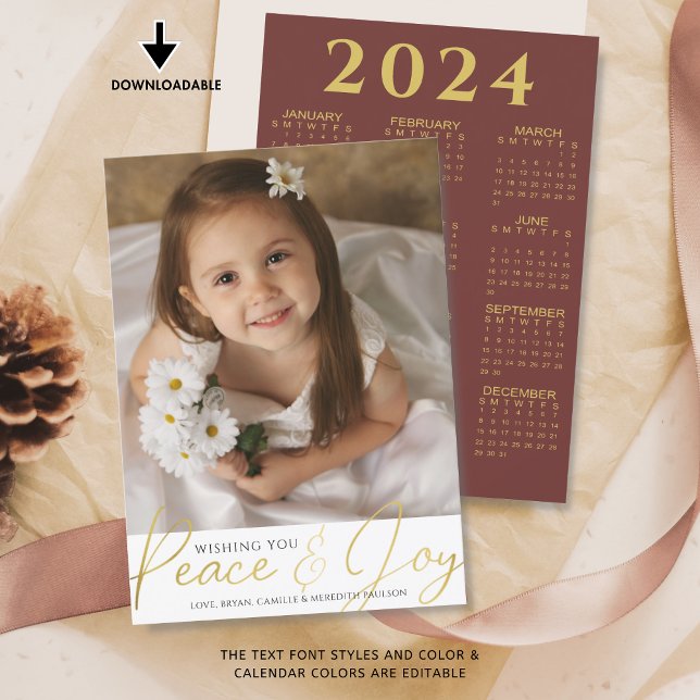 Christmas PEACE AND JOY Script Photo 2024 Calendar Holiday Card (Creator Uploaded)