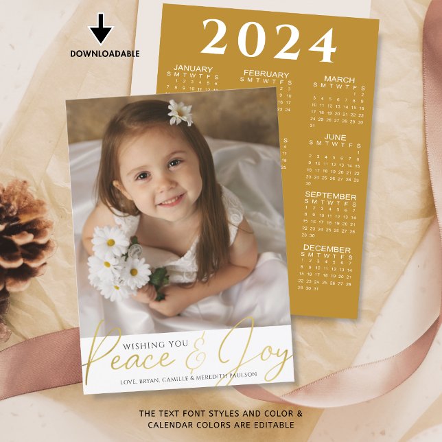 Christmas PEACE AND JOY Script Photo 2024 Calendar Holiday Card (Creator Uploaded)