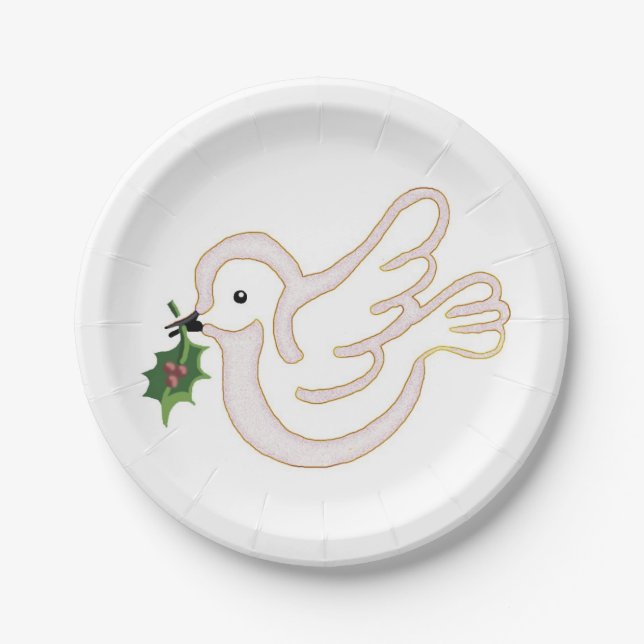 Christmas peace dove with holly paper plate (Front)