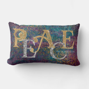 Christmas Peace Gold n Silver Peacock Colours Name Lumbar Cushion
