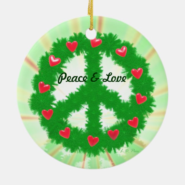 Christmas Peace Hearts Wreath Ceramic Tree Decoration (Back)