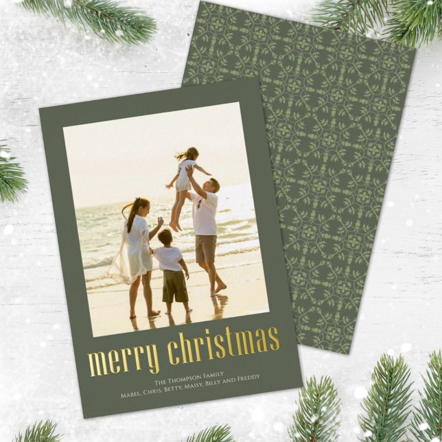 Christmas Peace Joy Love Green Snowflake 1 Photo Foil Holiday Card (Creator Uploaded)