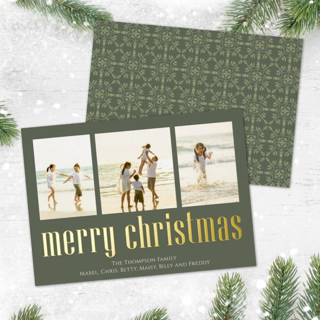 Christmas Peace Joy Love Green Snowflake 3 Photo Foil Holiday Card (Creator Uploaded)