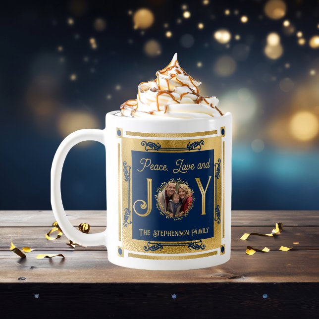 Christmas Peace Love and Joy Family Photo Coffee Mug (Christmas Peace, Love and Joy Family Photo Coffee Mug - Dark Blue and Faux Gold)