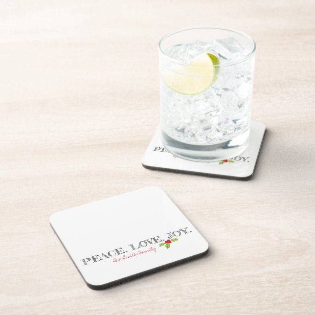 Christmas Peace Love Joy Family Name Holly Holiday Coaster (Right Side)