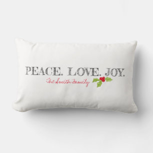 Christmas PEACE. LOVE. JOY. Family NAME Holly Lumbar Cushion