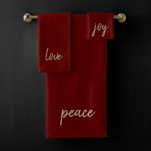 Christmas Peace Love Joy   Gold Festive Dark Red Bath Towel Set