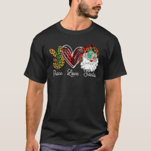 Christmas Peace Love Santa Leopard Buffalo Plaid X T-Shirt