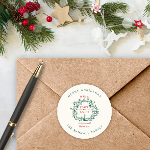 Christmas Peace on Earth Hand Drawn Wreath Name Classic Round Sticker