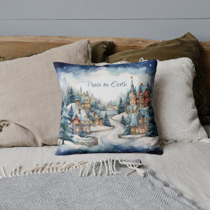 Christmas Peace on Earth Snowy Village Family Name Cushion