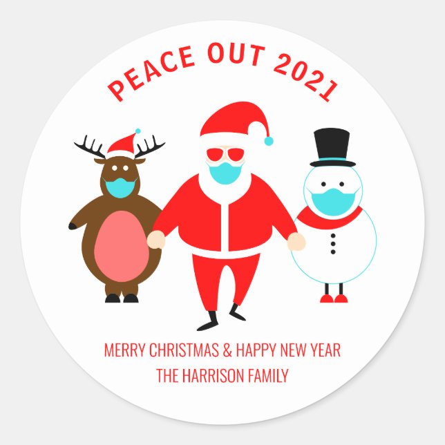 Christmas Peace Out 2021 Santa Face Mask Classic Round Sticker (Front)