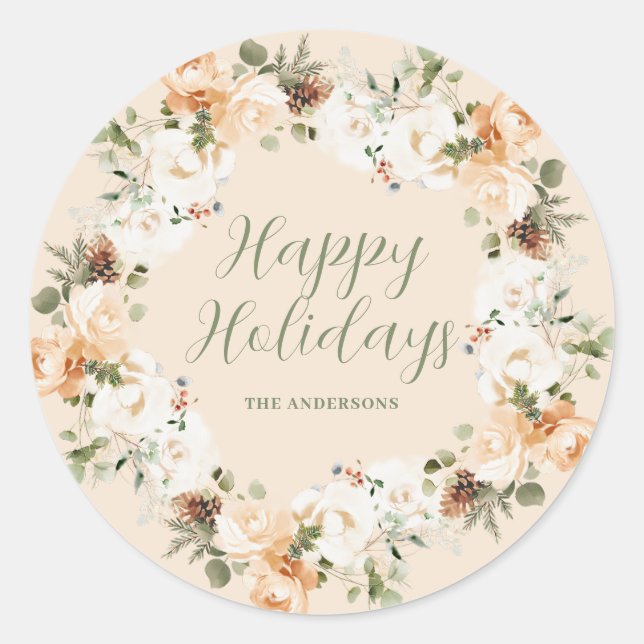 Christmas Peach Floral Pine Wreath Name Classic Round Sticker (Front)