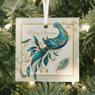 Christmas Peacock and Feather Glass Ornament
