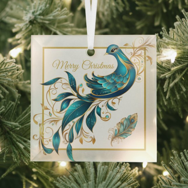 Christmas Peacock and Feather Glass Ornament (Insitu)