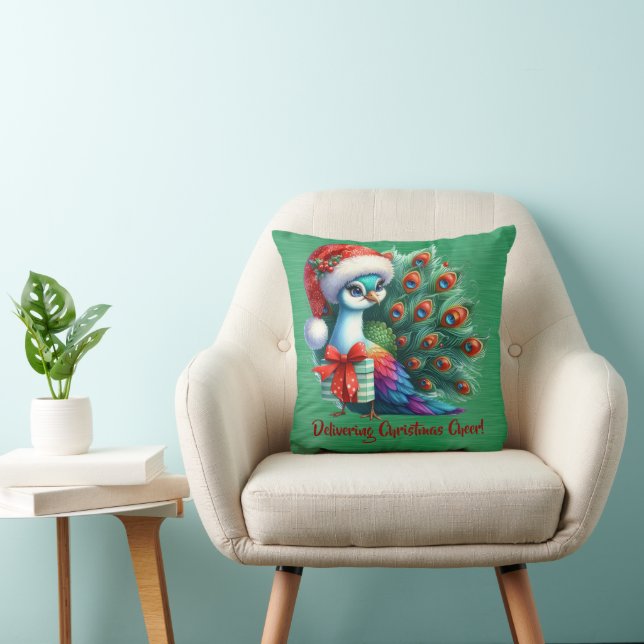 Christmas Peacock In Santa Hat Delivering Cheer Cushion (Chair)