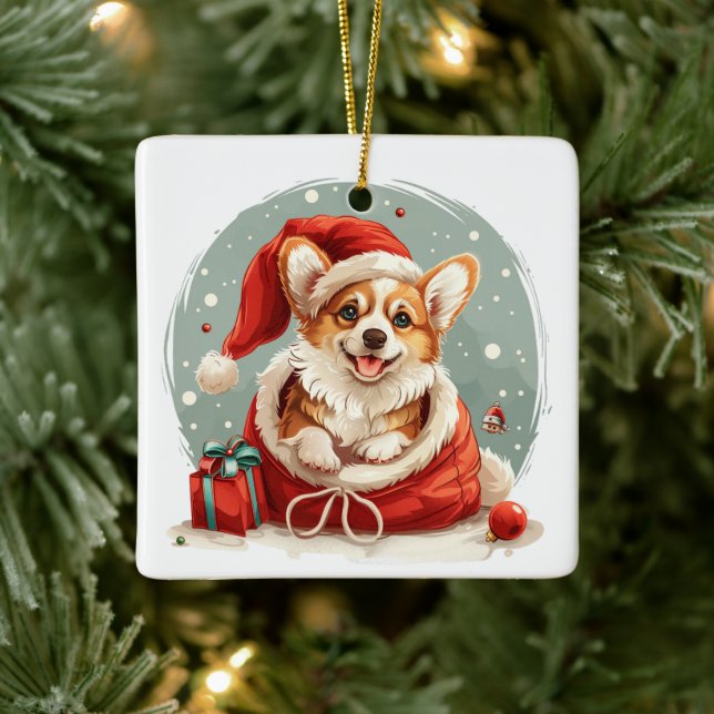 Christmas Pembroke Welsh Corgi Puppy Ceramic Ornament (Tree)