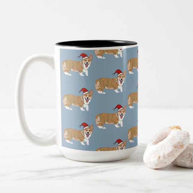 Christmas Pembroke Welsh Corgi  Two-Tone Coffee Mug (With Donut)