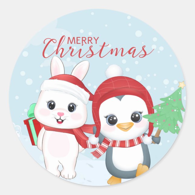 Christmas Penguin and Bunny Classic Round Sticker (Front)