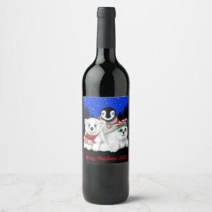 Christmas penguin baby polar bear seal pup  wine label
