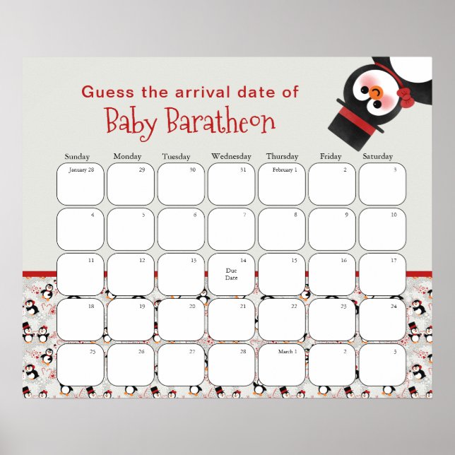 Christmas Penguin Baby Shower Guess The Due Date Poster (Front)