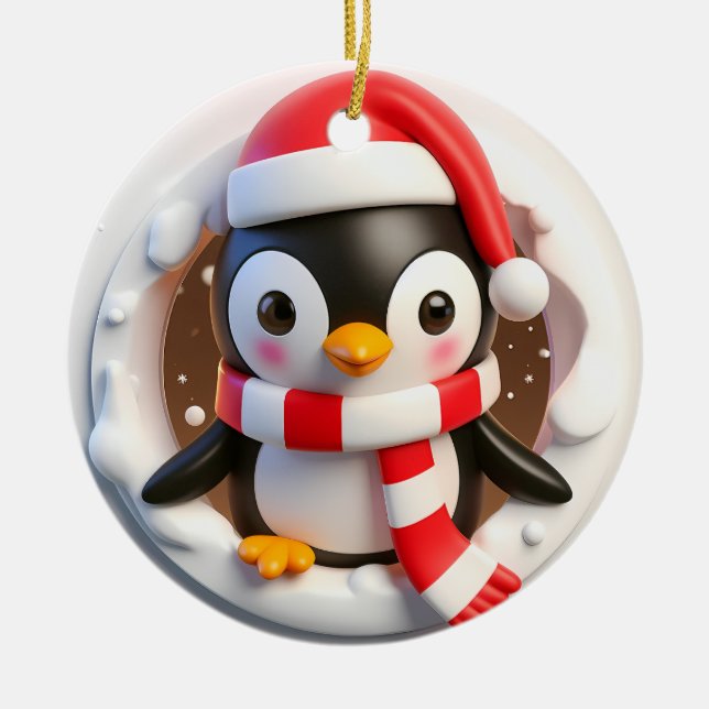 Christmas Penguin Bursting Out Ceramic Ornament (Front)
