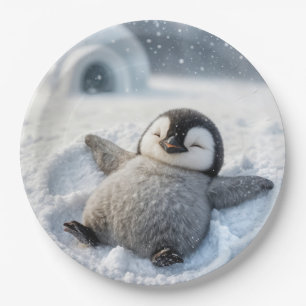 Christmas Penguin Chick Making a Snow Angel Paper Plate