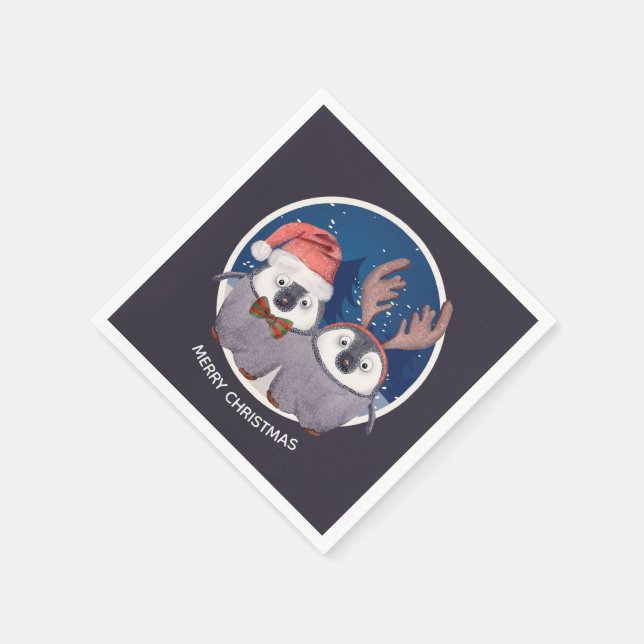 Christmas Penguin Couple Adorable Personalised Napkin (Corner)