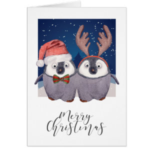 Christmas Penguin Couple Cute Santa and Reindeer