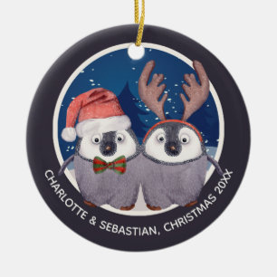 Christmas Penguin Couple Cute Santa and Reindeer Ceramic Ornament