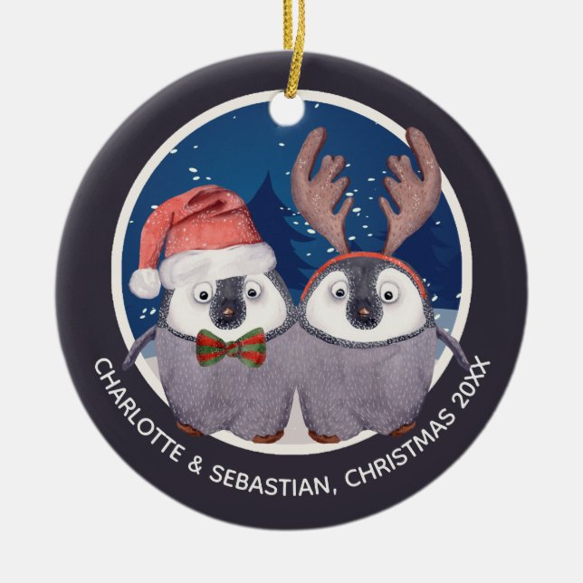 Christmas Penguin Couple Cute Santa and Reindeer Ceramic Ornament (Front)