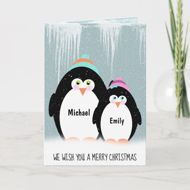 Christmas Penguin Couple in Snowflakes Card (Front)