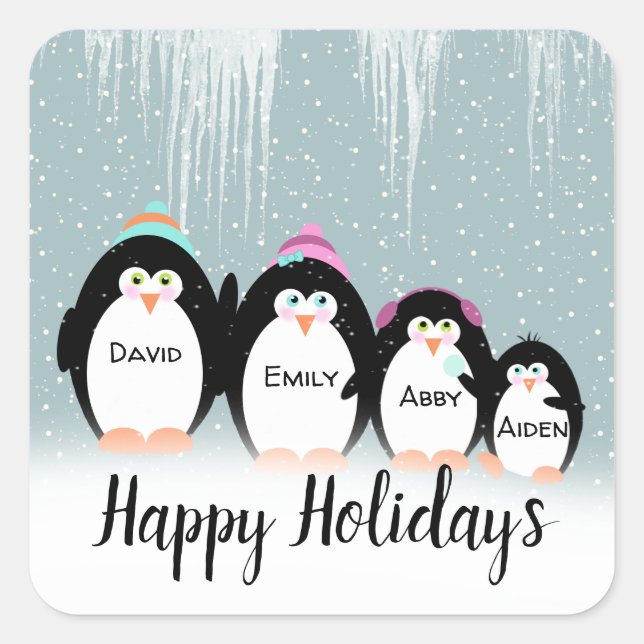 Christmas Penguin Family In Snow Square Sticker (Front)
