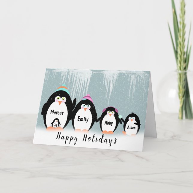 Christmas Penguin Family In Snowflakes Card (Front)